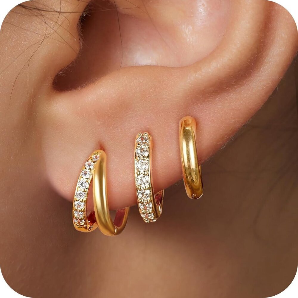 Women's 3 Pairs Small Gold Huggie Hoop Earrings Set 14K Gold Plated Hypoallerg